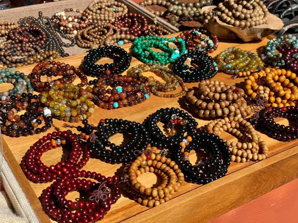 Merchants display of various types of mala beads.